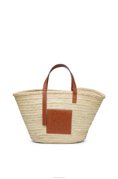 Loewe mujer bolso cesta grande en hoja de palma y piel de becerro LP6437 Bronceado natural