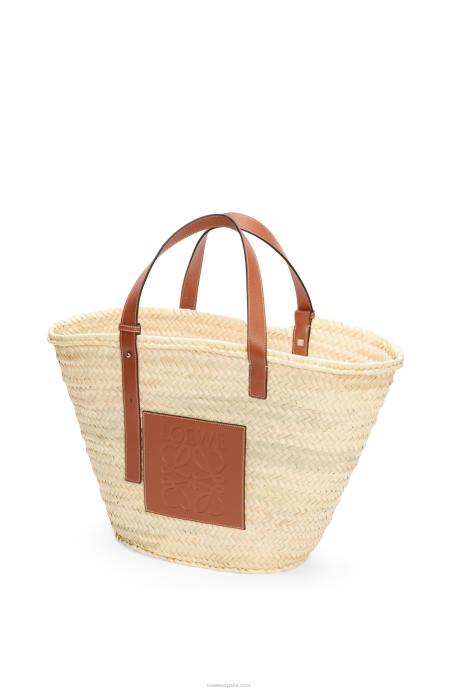 Loewe mujer bolso cesta grande en hoja de palma y piel de becerro LP6437 Bronceado natural