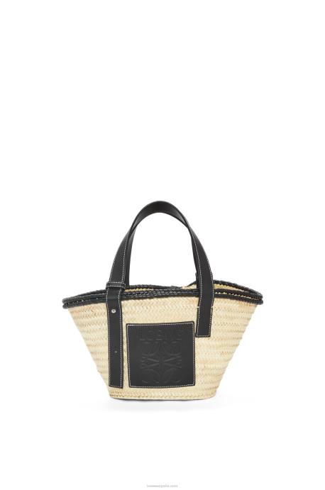 Loewe mujer bolso cesta pequeño con incrustaciones de hoja de palma y piel de becerro LP6428 natural/negro