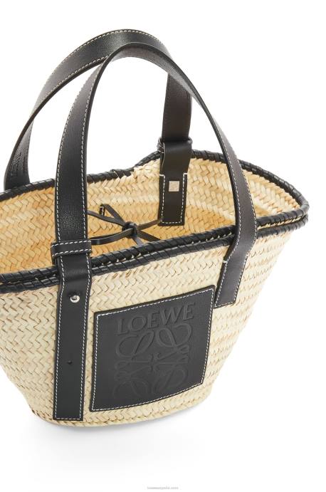 Loewe mujer bolso cesta pequeño con incrustaciones de hoja de palma y piel de becerro LP6428 natural/negro