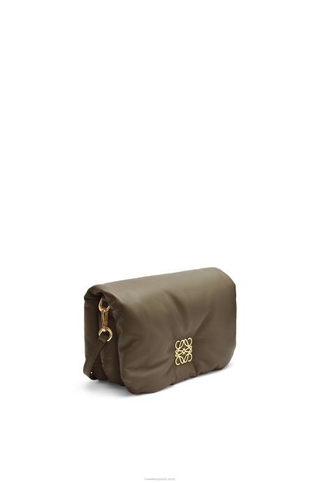 Loewe mujer bolso goya mini puffer de piel de cordero napa brillante LP64246 verde caqui oscuro