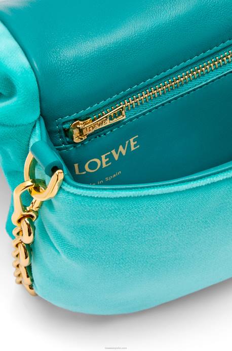 Loewe mujer bolso goya mini puffer de terciopelo LP64248 Azul caribeño