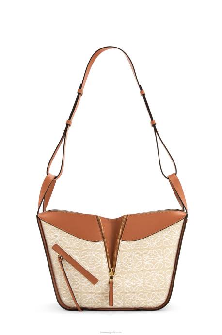 Loewe mujer bolso hamaca pequeño de jacquard anagrama y piel de becerro LP64523 crudo/bronceado