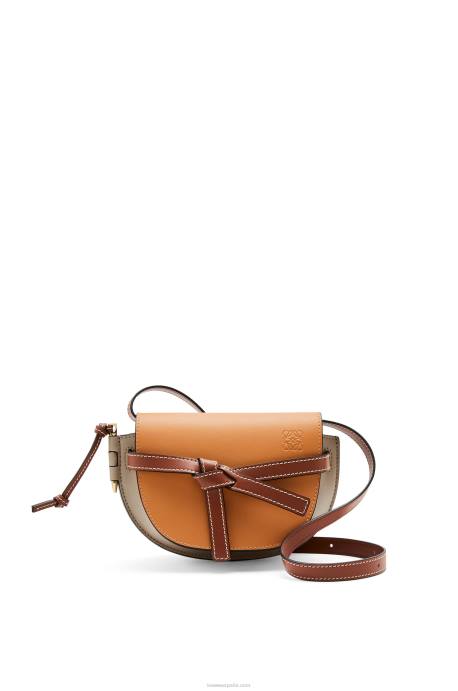 Loewe mujer bolso mini gate dual de piel de becerro suave LP64238 color ámbar/gris claro/óxido