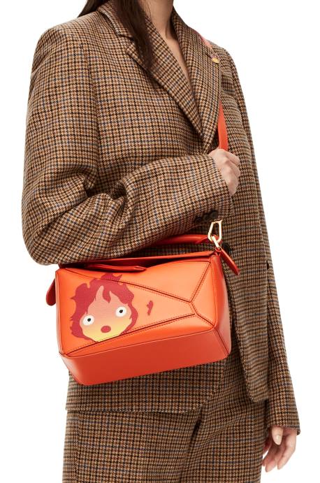 Loewe mujer Bolso puzzle calcifer pequeño de piel de becerro satinada LP64441 naranja