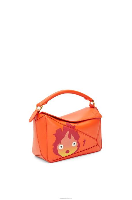 Loewe mujer Bolso puzzle calcifer pequeño de piel de becerro satinada LP64441 naranja