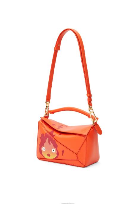 Loewe mujer Bolso puzzle calcifer pequeño de piel de becerro satinada LP64441 naranja