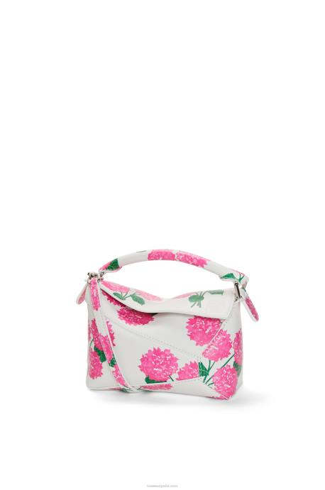 Loewe mujer bolso mini con borde rompecabezas de flores de piel de becerro satinada LP64235 blanco/rosa