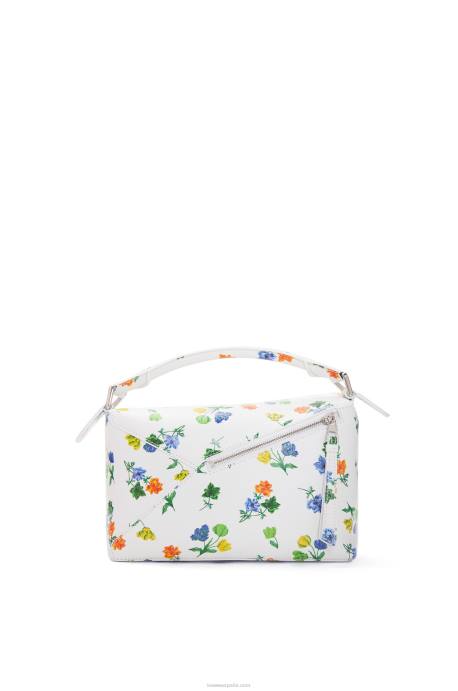 Loewe mujer bolso pequeño con borde rompecabezas de flores de piel de becerro satinada LP64394 blanco/multicolor