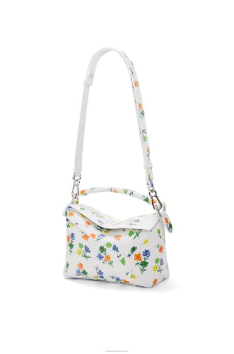 Loewe mujer bolso pequeño con borde rompecabezas de flores de piel de becerro satinada LP64394 blanco/multicolor