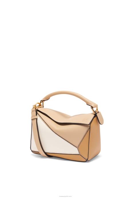 Loewe mujer bolso puzzle pequeño de piel de becerro clásica LP64396 beige polvoriento/blanco suave