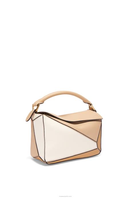 Loewe mujer bolso puzzle pequeño de piel de becerro clásica LP64396 beige polvoriento/blanco suave