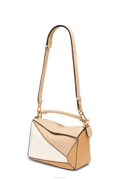 Loewe mujer bolso puzzle pequeño de piel de becerro clásica LP64396 beige polvoriento/blanco suave
