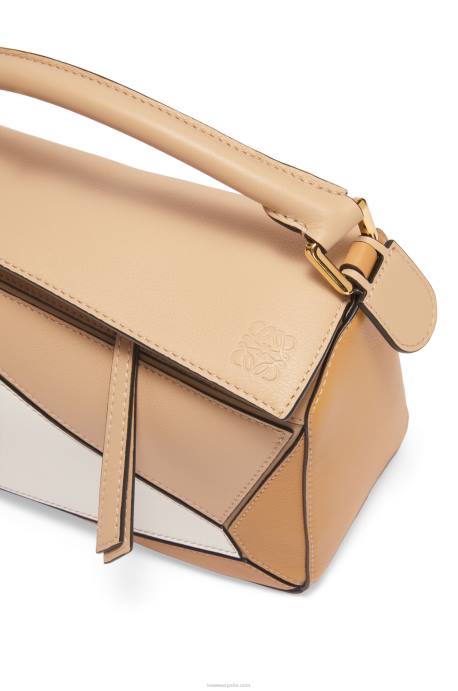 Loewe mujer bolso puzzle pequeño de piel de becerro clásica LP64396 beige polvoriento/blanco suave