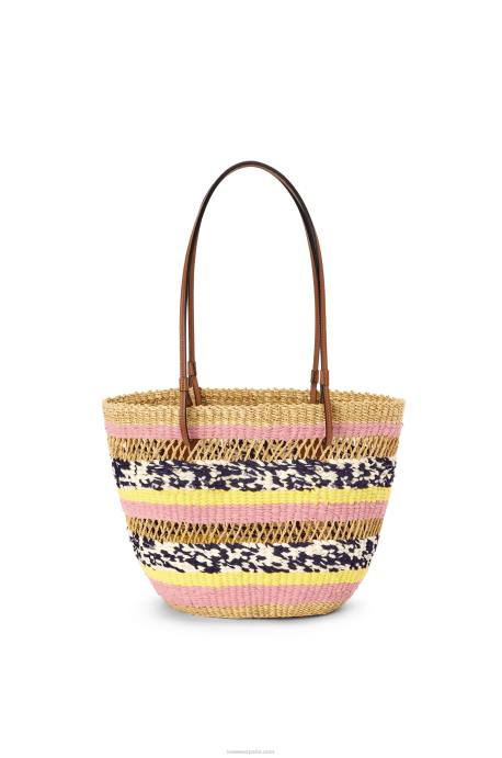 Loewe mujer bolso tote basket de hierba elefante y piel de becerro LP6494 tulipán natural/rosa