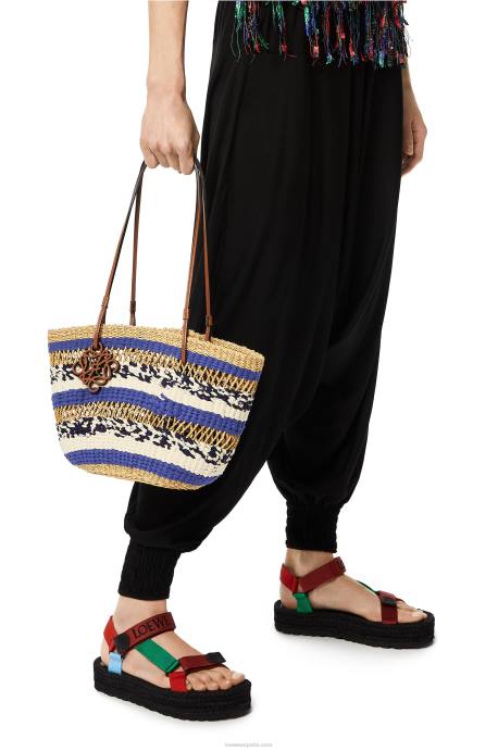 Loewe mujer bolso tote basket de hierba elefante y piel de becerro LP6495 natural/azul