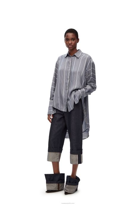 Loewe mujer Camisa de seda a rayas con trampantojo LP64923 gris/azul marino