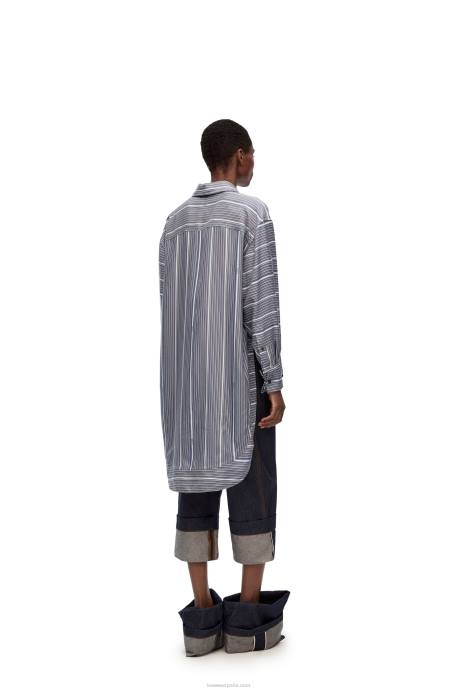 Loewe mujer Camisa de seda a rayas con trampantojo LP64923 gris/azul marino