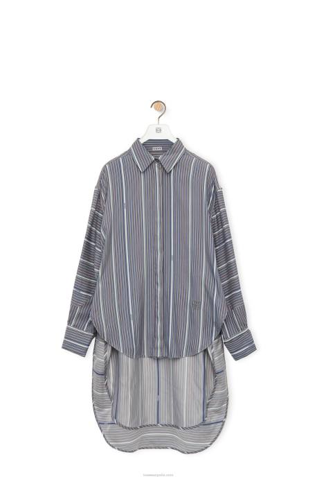 Loewe mujer Camisa de seda a rayas con trampantojo LP64923 gris/azul marino