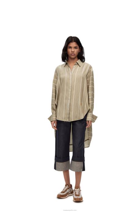Loewe mujer Camisa de seda a rayas con trampantojo LP64924 caqui claro g/caqui oscuro g