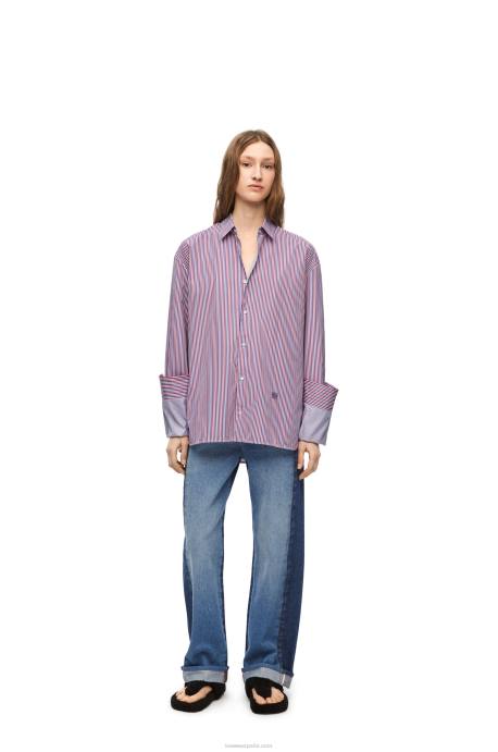Loewe mujer camisa con vuelta en algodón a rayas LP64856 azul rojo
