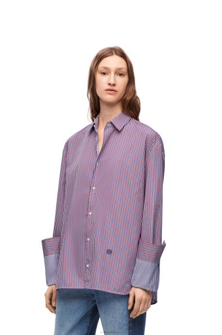 Loewe mujer camisa con vuelta en algodón a rayas LP64856 azul rojo