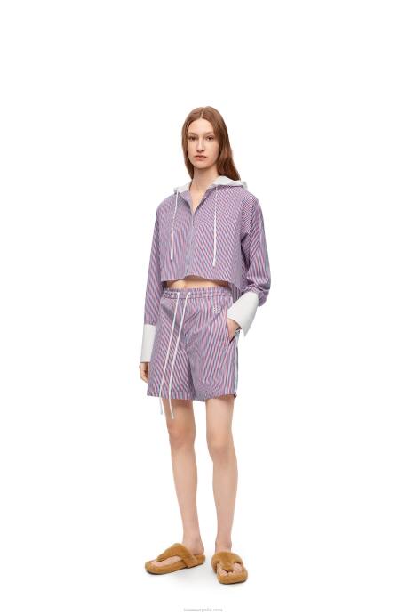 Loewe mujer camisa corta con capucha de algodón a rayas LP64857 azul rojo