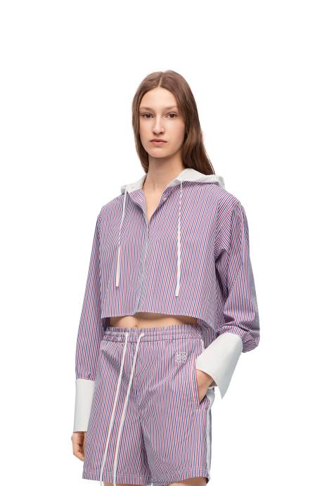 Loewe mujer camisa corta con capucha de algodón a rayas LP64857 azul rojo