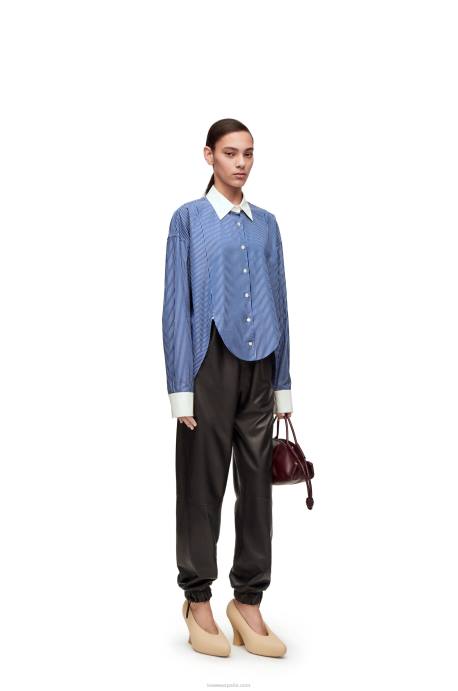 Loewe mujer camisa de plastrón a rayas de popelina de algodón LP64892 azul marino/blanco