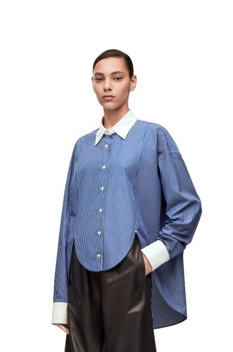 Loewe mujer camisa de plastrón a rayas de popelina de algodón LP64892 azul marino/blanco