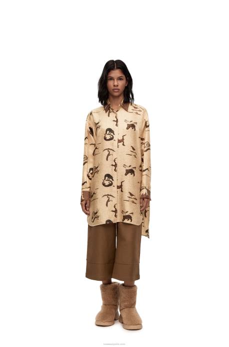 Loewe mujer camisa oversize de seda con estampado animal LP64929 beige claro/marrón