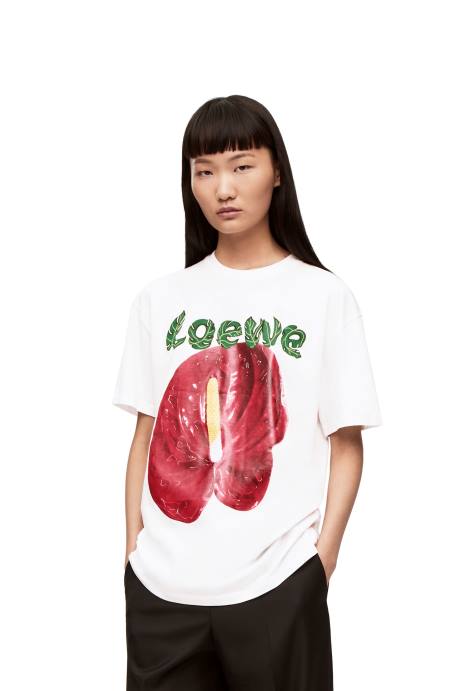 Loewe mujer camiseta de punto de algodón con flor de anturio LP64798 blanco rojo