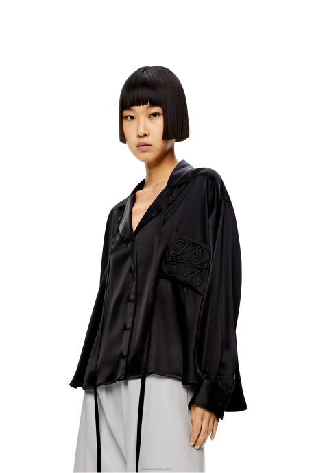 Loewe mujer Blusa de satén con anagrama bordado LP64953 negro