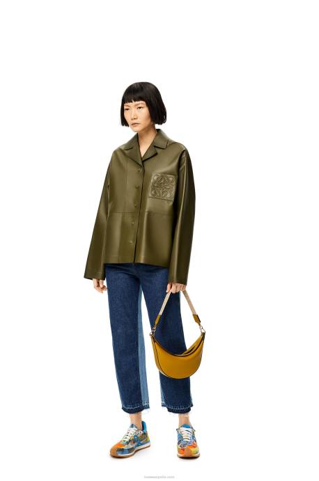 Loewe mujer blusa de pijama de napa de cordero LP64933 verde caqui oscuro