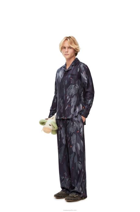 Loewe mujer blusa de pijama de seda con plumas LP64944 Azul marino