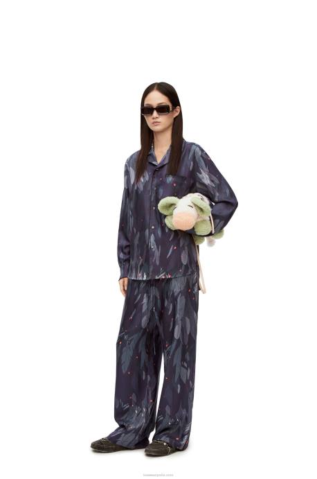 Loewe mujer blusa de pijama de seda con plumas LP64944 Azul marino