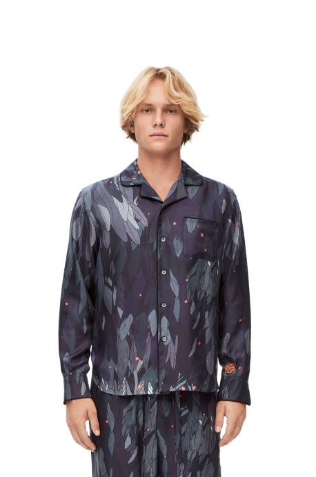 Loewe mujer blusa de pijama de seda con plumas LP64944 Azul marino