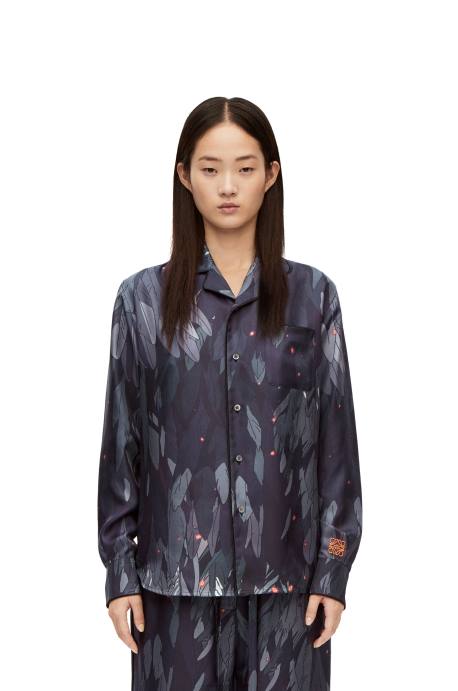 Loewe mujer blusa de pijama de seda con plumas LP64944 Azul marino