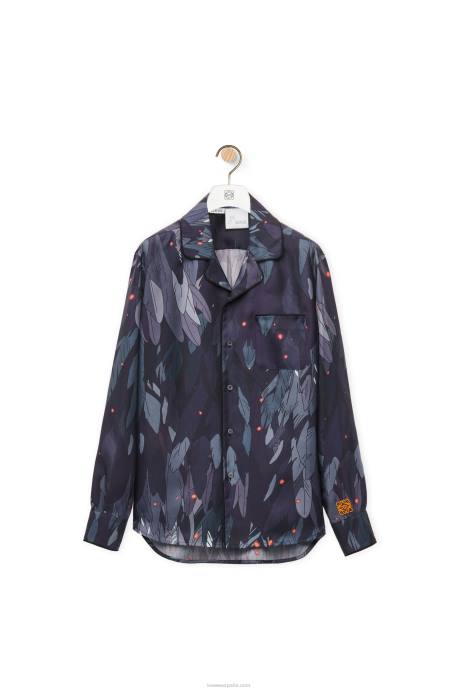Loewe mujer blusa de pijama de seda con plumas LP64944 Azul marino