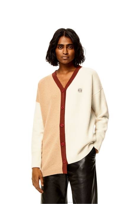 Loewe mujer Cárdigan asimétrico de lana con anagrama LP641009 crudo/camello