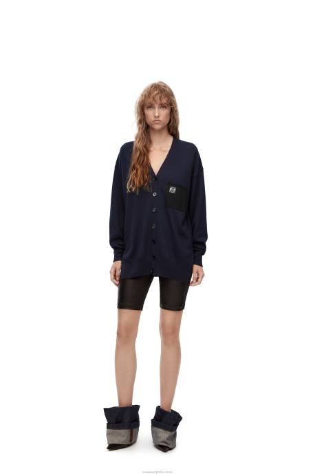 Loewe mujer Cárdigan de lana con bolsillo con anagrama LP64986 Azul marino