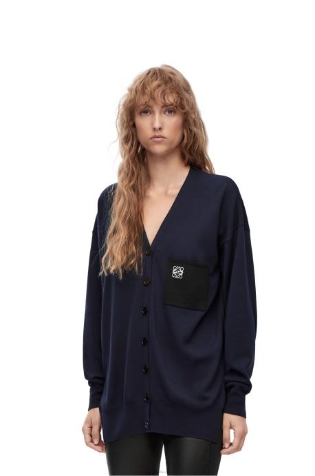 Loewe mujer Cárdigan de lana con bolsillo con anagrama LP64986 Azul marino