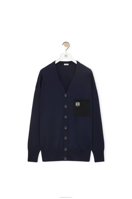 Loewe mujer Cárdigan de lana con bolsillo con anagrama LP64986 Azul marino