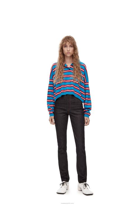 Loewe mujer jersey de lana con cuello de polo a rayas LP64988 azul rojo