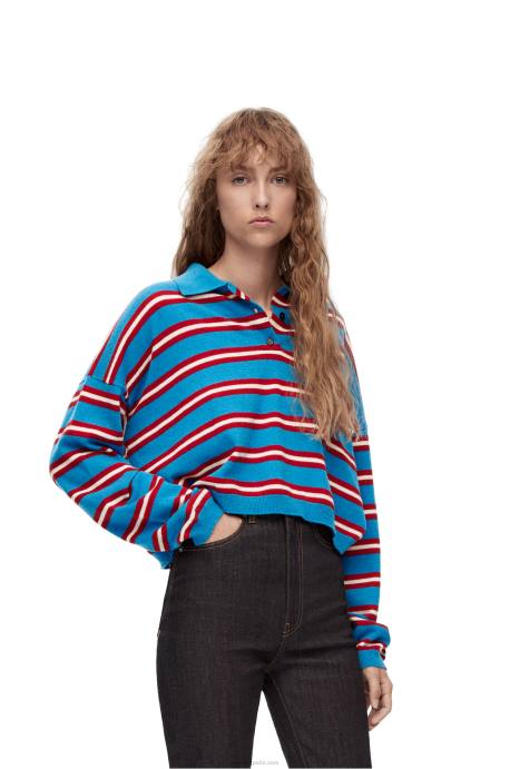 Loewe mujer jersey de lana con cuello de polo a rayas LP64988 azul rojo