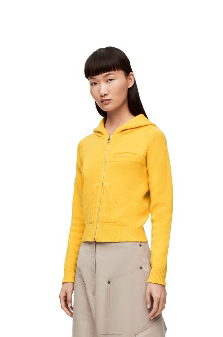 Loewe mujer sudadera con capucha y cremallera en punto de lana LP64804 de color amarillo pálido