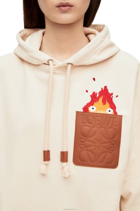 Loewe mujer sudadera con capucha y parche de cuero calcifer en algodón LP64842 crudo