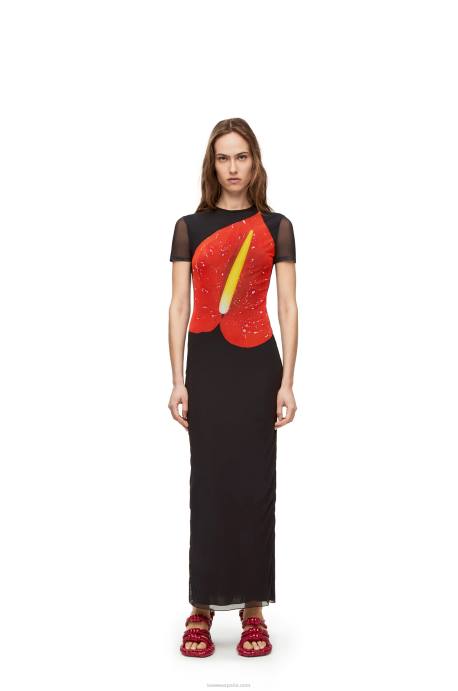 Loewe mujer vestido anthurium de malla semitransparente LP641066 negro/rojo