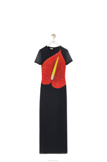 Loewe mujer vestido anthurium de malla semitransparente LP641066 negro/rojo