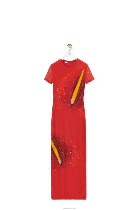 Loewe mujer vestido anthurium de malla semitransparente LP641068 rojo